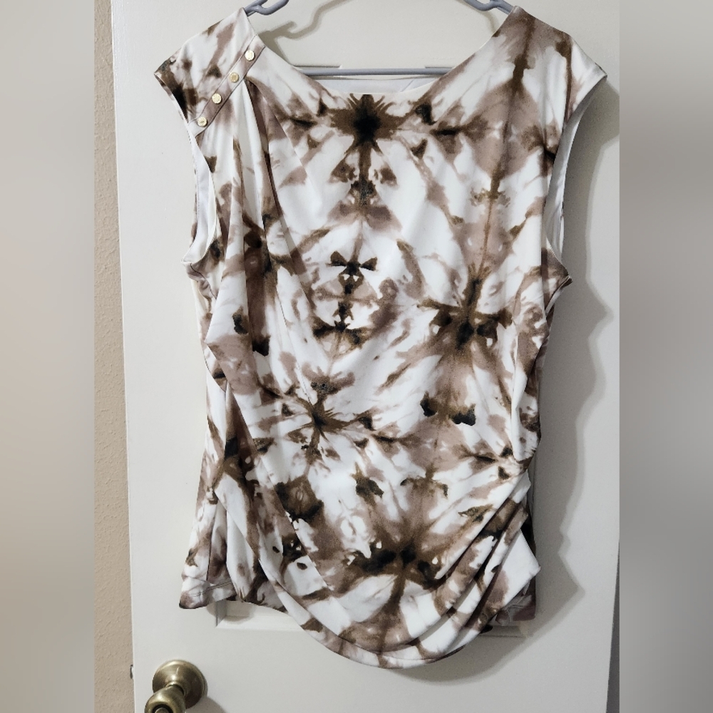 Sz XL Calvin Klein Brown & Cream Rouched Blouse